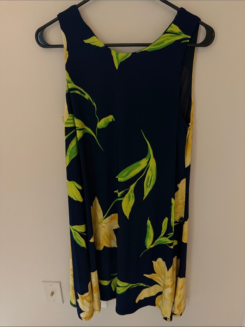 Anne Klein Navy Midi Dress with Yellow Floral & Green Leaves